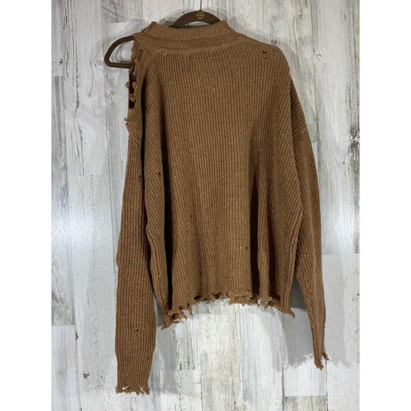 Zenana Sweater Size Medium Brown Color Flecks Open Shoulder Distressed Oversized - Picture 11 of 11